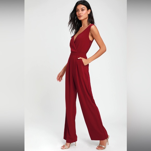 GUC LULUS Kiska Burgundy Lace Wide-Leg V-Neck Jumpsuit - Picture 2 of 13